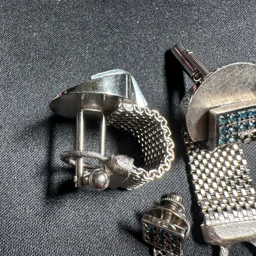 Vintage Cufflinks Tie Tac Set Blue Rhinestone Mesh Wrap Silver Tone retro